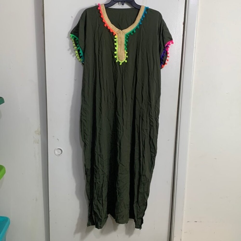 Moroccan Kaftan Womens One Size Olive Green Gold Embroidered Rainbow Pompoms